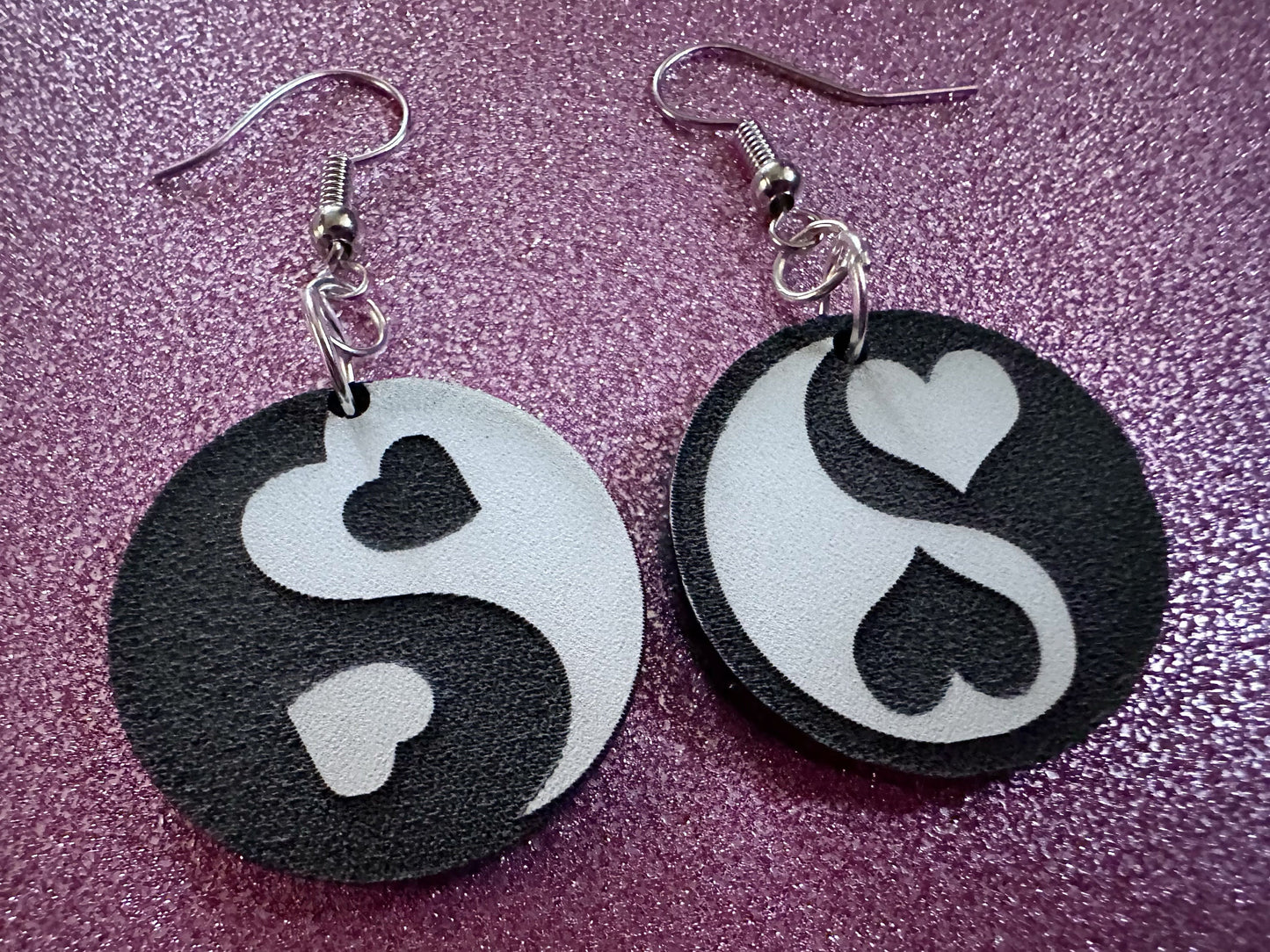 Heart Yin and Yang Earrings: Laser Cut Acrylic Yinyang, Hearts, Yin-Yang, Asian, Buddhist Philosophy, Zen, Best Gifts for Her/Him/Them