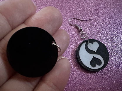 Heart Yin and Yang Earrings: Laser Cut Acrylic Yinyang, Hearts, Yin-Yang, Asian, Buddhist Philosophy, Zen, Best Gifts for Her/Him/Them