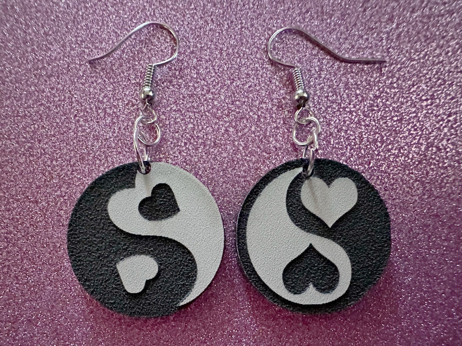 Heart Yin and Yang Earrings: Laser Cut Acrylic Yinyang, Hearts, Yin-Yang, Asian, Buddhist Philosophy, Zen, Best Gifts for Her/Him/Them