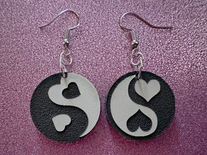 Heart Yin and Yang Earrings: Laser Cut Acrylic Yinyang, Hearts, Yin-Yang, Asian, Buddhist Philosophy, Zen, Best Gifts for Her/Him/Them