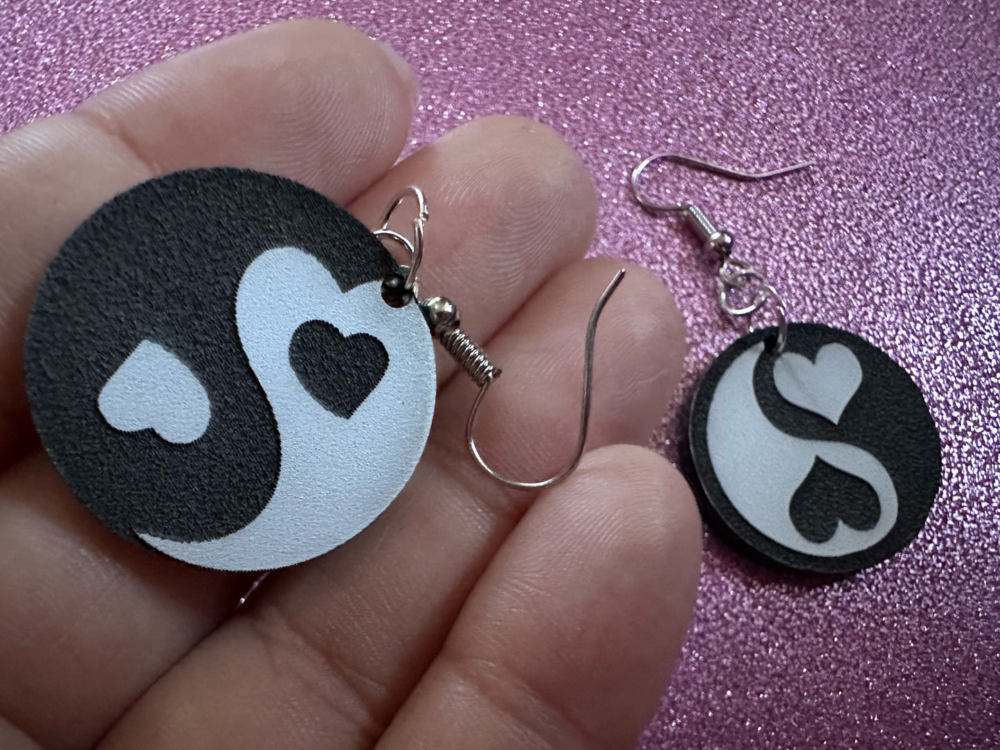 Heart Yin and Yang Earrings: Laser Cut Acrylic Yinyang, Hearts, Yin-Yang, Asian, Buddhist Philosophy, Zen, Best Gifts for Her/Him/Them