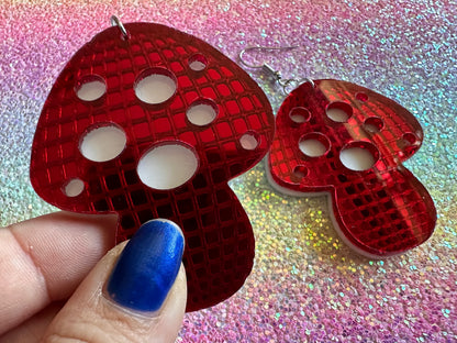 Heavy Disco Amanita Mushroom Earrings: Mirrored Laser Cut Acrylic, Disco Mushrooms, Retro Mush, Celebrate, Mycology, Gifts for Her/Him/Them
