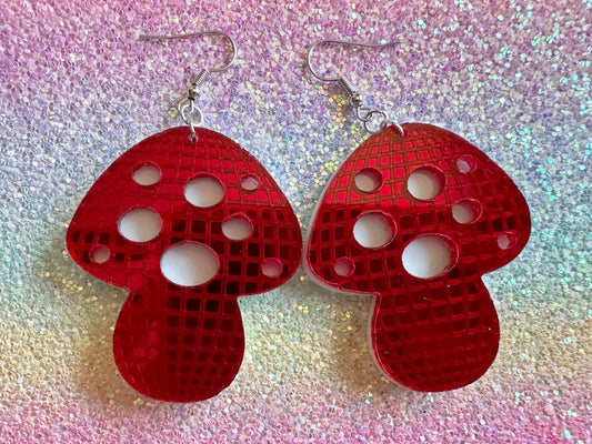 Heavy Disco Amanita Mushroom Earrings: Mirrored Laser Cut Acrylic, Disco Mushrooms, Retro Mush, Celebrate, Mycology, Gifts for Her/Him/Them