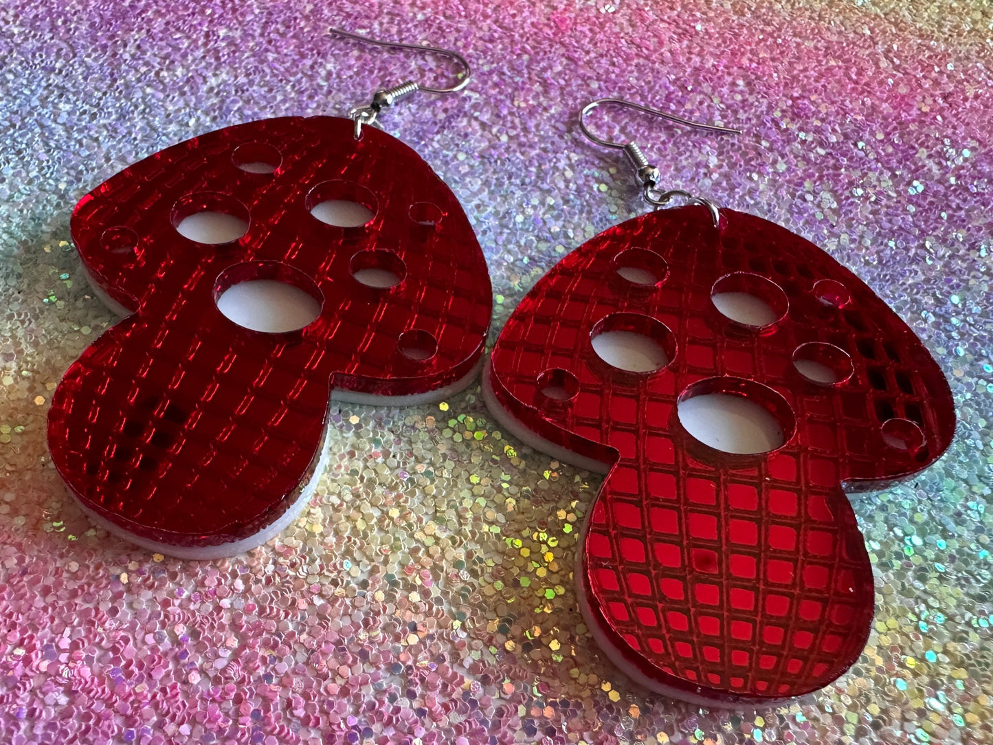 Heavy Disco Amanita Mushroom Earrings: Mirrored Laser Cut Acrylic, Disco Mushrooms, Retro Mush, Celebrate, Mycology, Gifts for Her/Him/Them