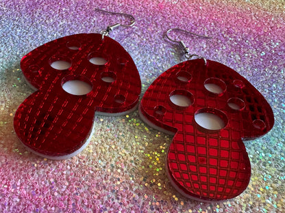 Heavy Disco Amanita Mushroom Earrings: Mirrored Laser Cut Acrylic, Disco Mushrooms, Retro Mush, Celebrate, Mycology, Gifts for Her/Him/Them