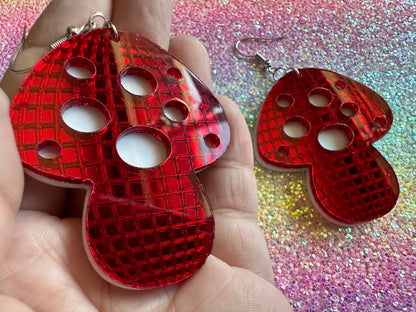 Heavy Disco Amanita Mushroom Earrings: Mirrored Laser Cut Acrylic, Disco Mushrooms, Retro Mush, Celebrate, Mycology, Gifts for Her/Him/Them