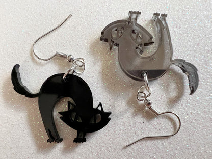 Hissing Cat Earrings: Laser Cut Acrylic Black Cats, Halloween, Holiday, Feline, Kitty, Horror, Scary, Spooky, Best Gifts for Her/Him/Them