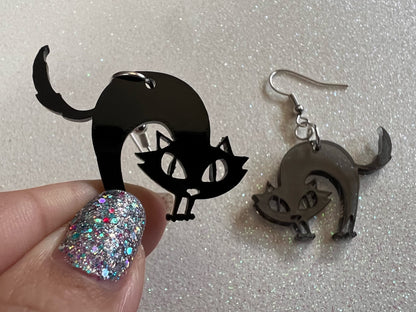 Hissing Cat Earrings: Laser Cut Acrylic Black Cats, Halloween, Holiday, Feline, Kitty, Horror, Scary, Spooky, Best Gifts for Her/Him/Them