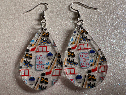 Hockey Earrings: Laser Cut Acrylic Earrings, Ice Skate, Ice Hockey, Goal, Ice Skating, Sports, Winter Sports, Best Gifts for Her/Him/Them