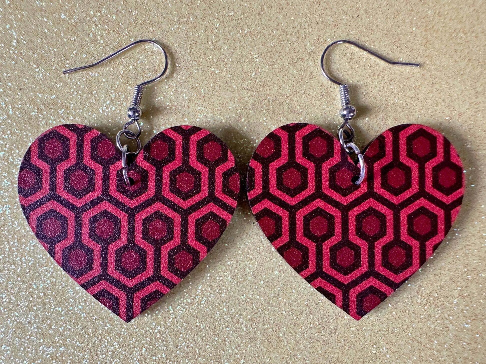 Hotel Carpet Earrings: Geometric, Unique, Red, Orange, Retro, Creepy Motel, Halloween, Hexagon, Symmetrical, Best Gifts for Her/Him/Them