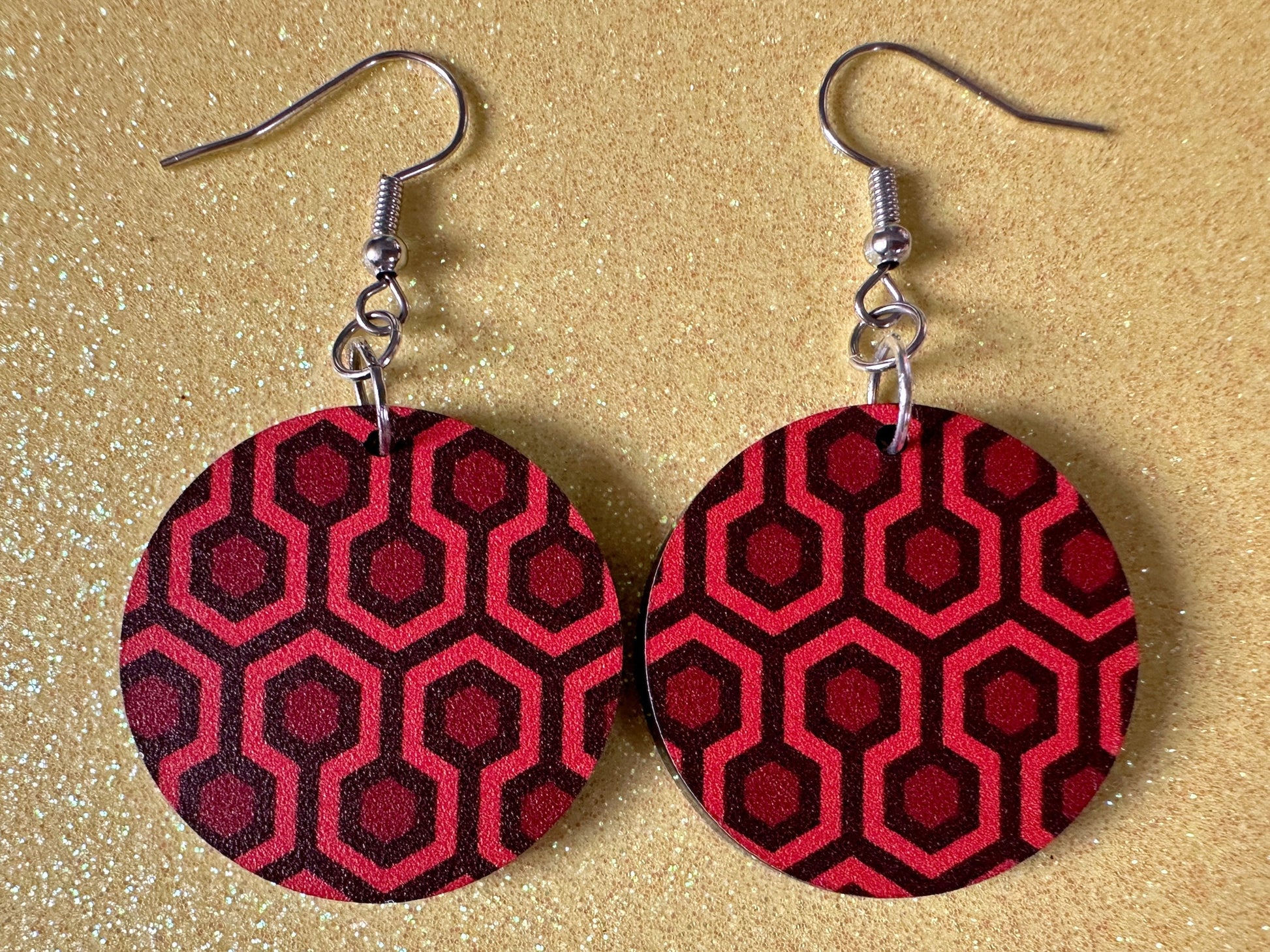 Hotel Carpet Earrings: Geometric, Unique, Red, Orange, Retro, Creepy Motel, Halloween, Hexagon, Symmetrical, Best Gifts for Her/Him/Them