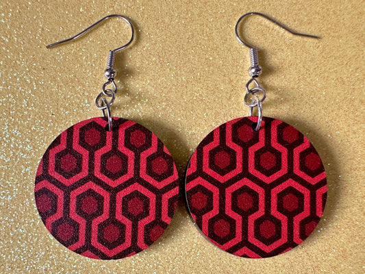 Hotel Carpet Earrings: Geometric, Unique, Red, Orange, Retro, Creepy Motel, Halloween, Hexagon, Symmetrical, Best Gifts for Her/Him/Them