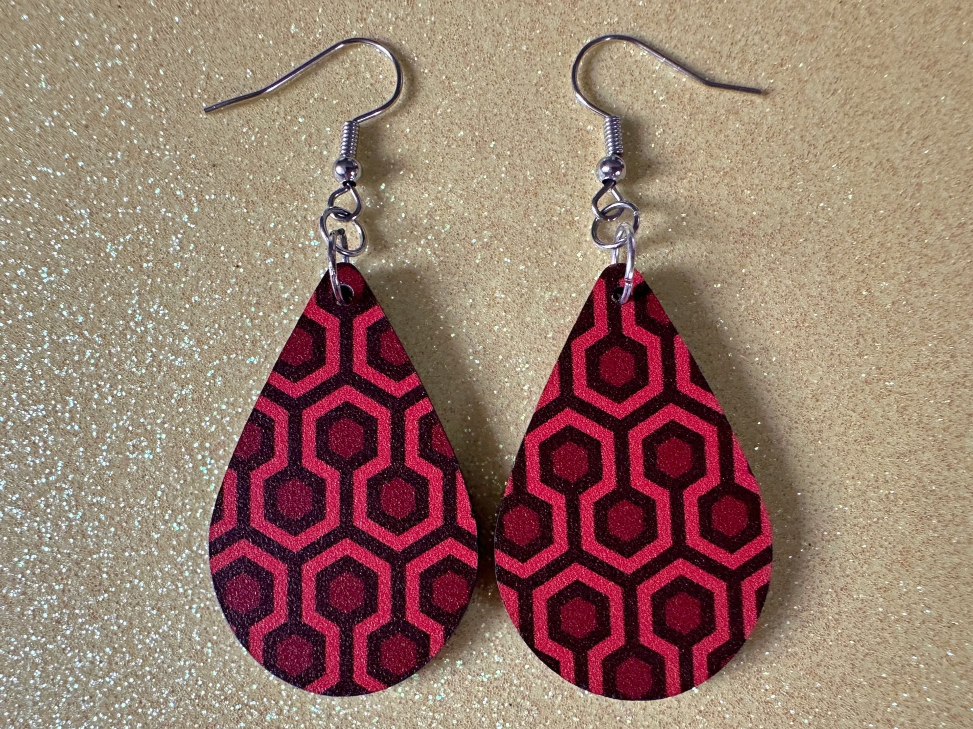 Hotel Carpet Earrings: Geometric, Unique, Red, Orange, Retro, Creepy Motel, Halloween, Hexagon, Symmetrical, Best Gifts for Her/Him/Them