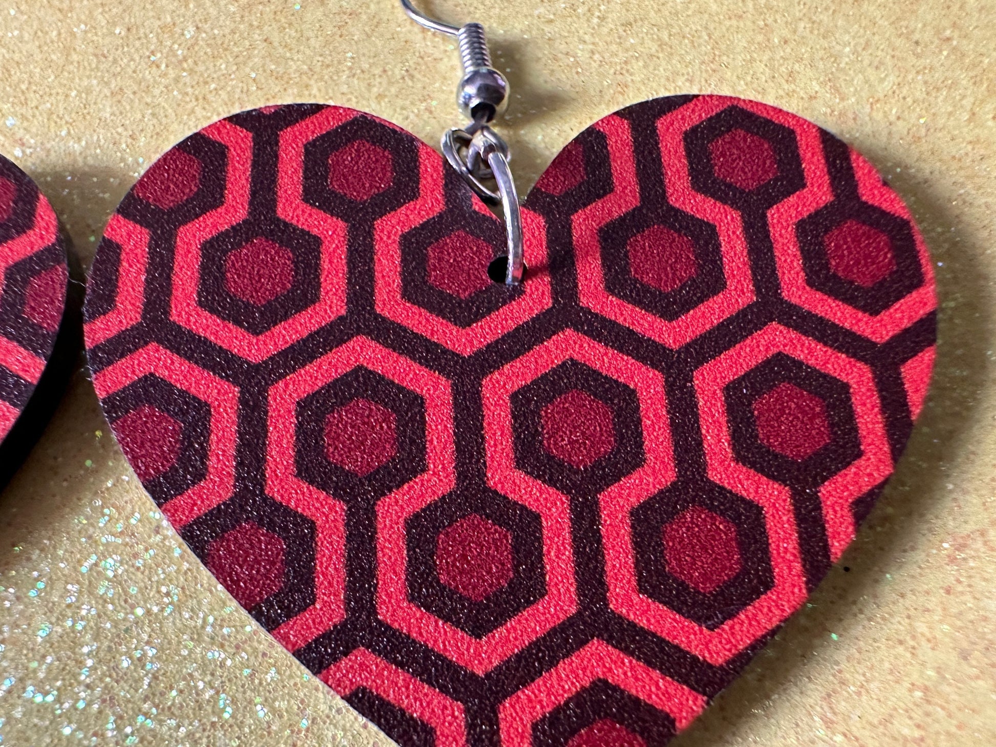 Hotel Carpet Earrings: Geometric, Unique, Red, Orange, Retro, Creepy Motel, Halloween, Hexagon, Symmetrical, Best Gifts for Her/Him/Them