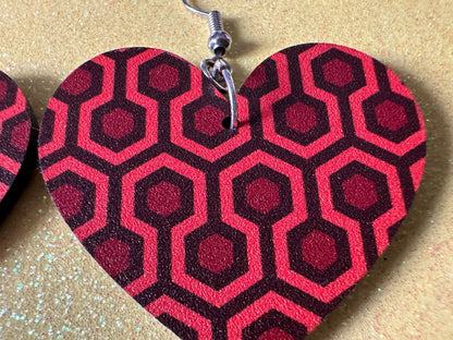 Hotel Carpet Earrings: Geometric, Unique, Red, Orange, Retro, Creepy Motel, Halloween, Hexagon, Symmetrical, Best Gifts for Her/Him/Them