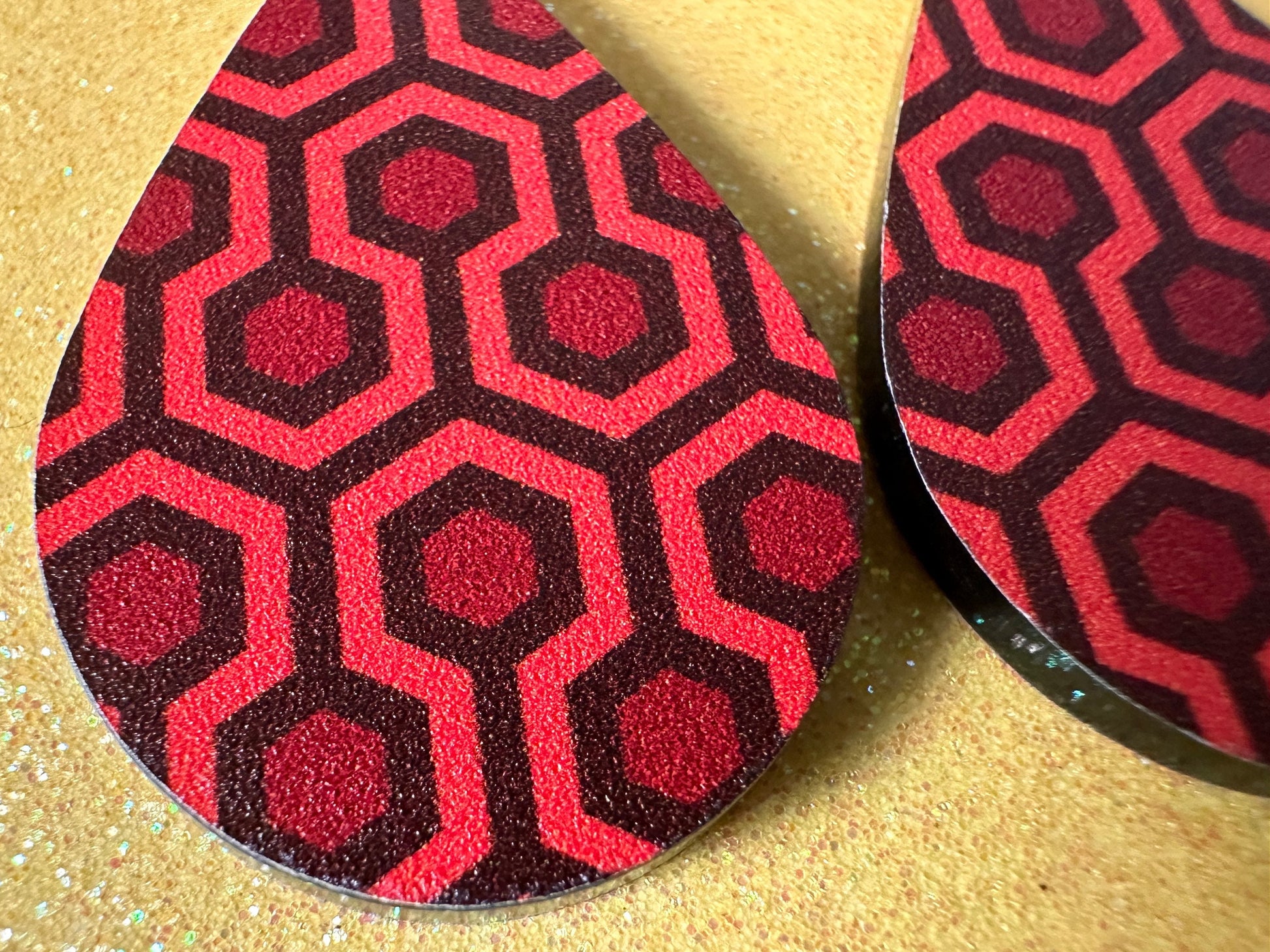 Hotel Carpet Earrings: Geometric, Unique, Red, Orange, Retro, Creepy Motel, Halloween, Hexagon, Symmetrical, Best Gifts for Her/Him/Them