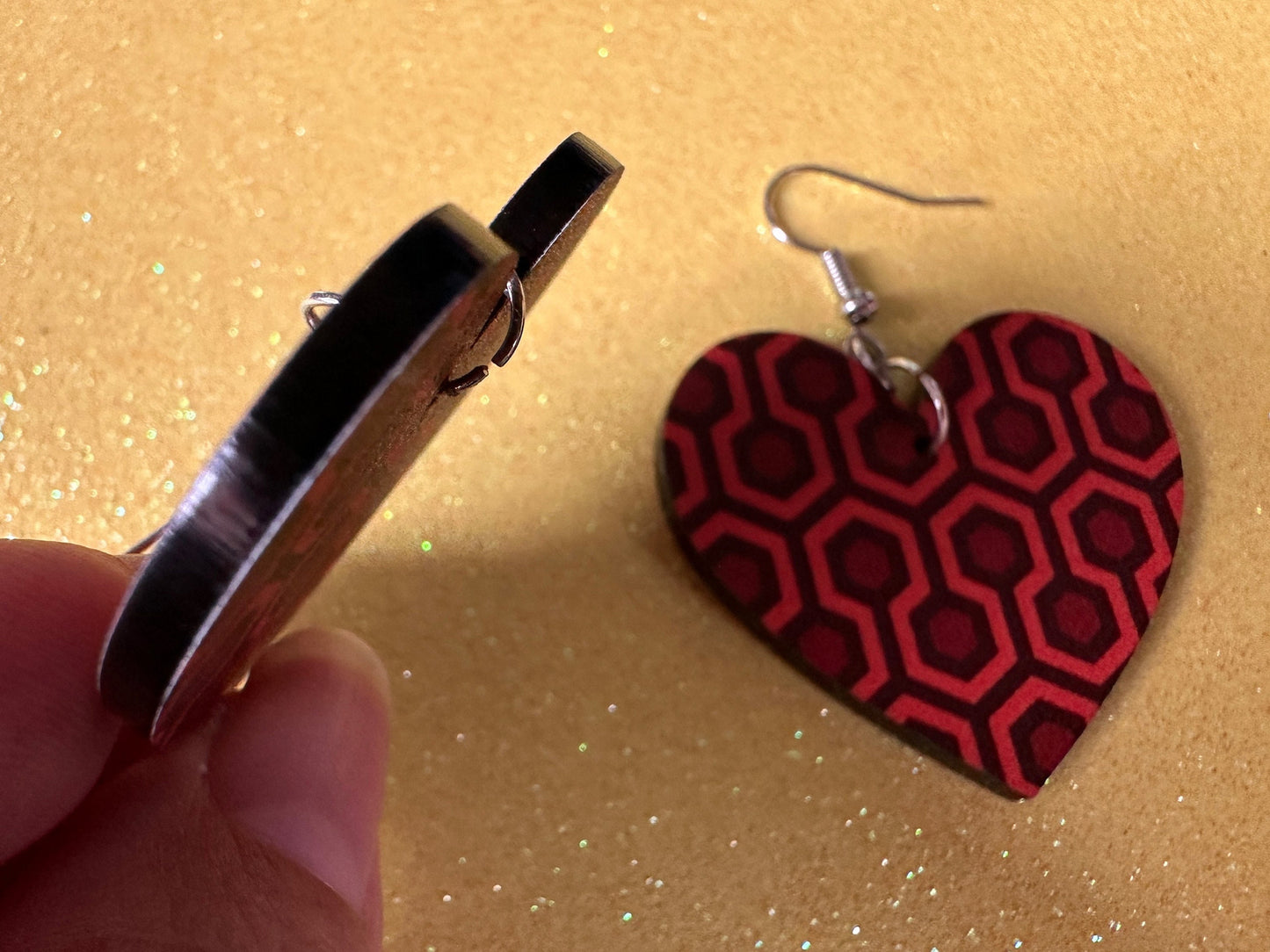 Hotel Carpet Earrings: Geometric, Unique, Red, Orange, Retro, Creepy Motel, Halloween, Hexagon, Symmetrical, Best Gifts for Her/Him/Them