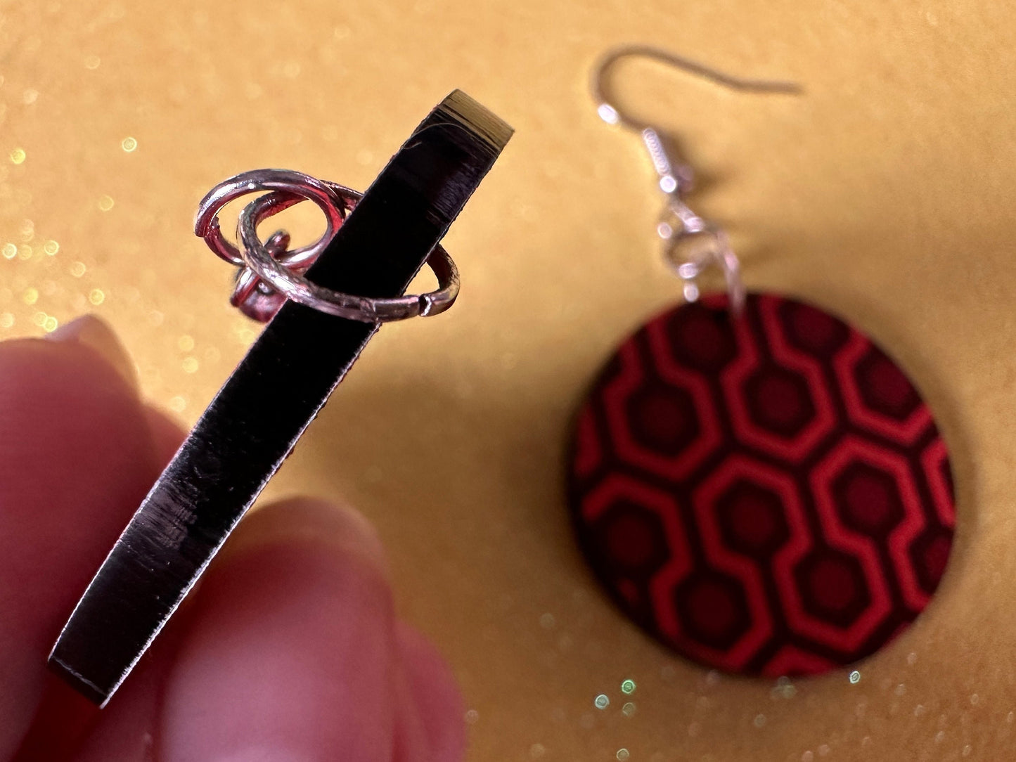 Hotel Carpet Earrings: Geometric, Unique, Red, Orange, Retro, Creepy Motel, Halloween, Hexagon, Symmetrical, Best Gifts for Her/Him/Them