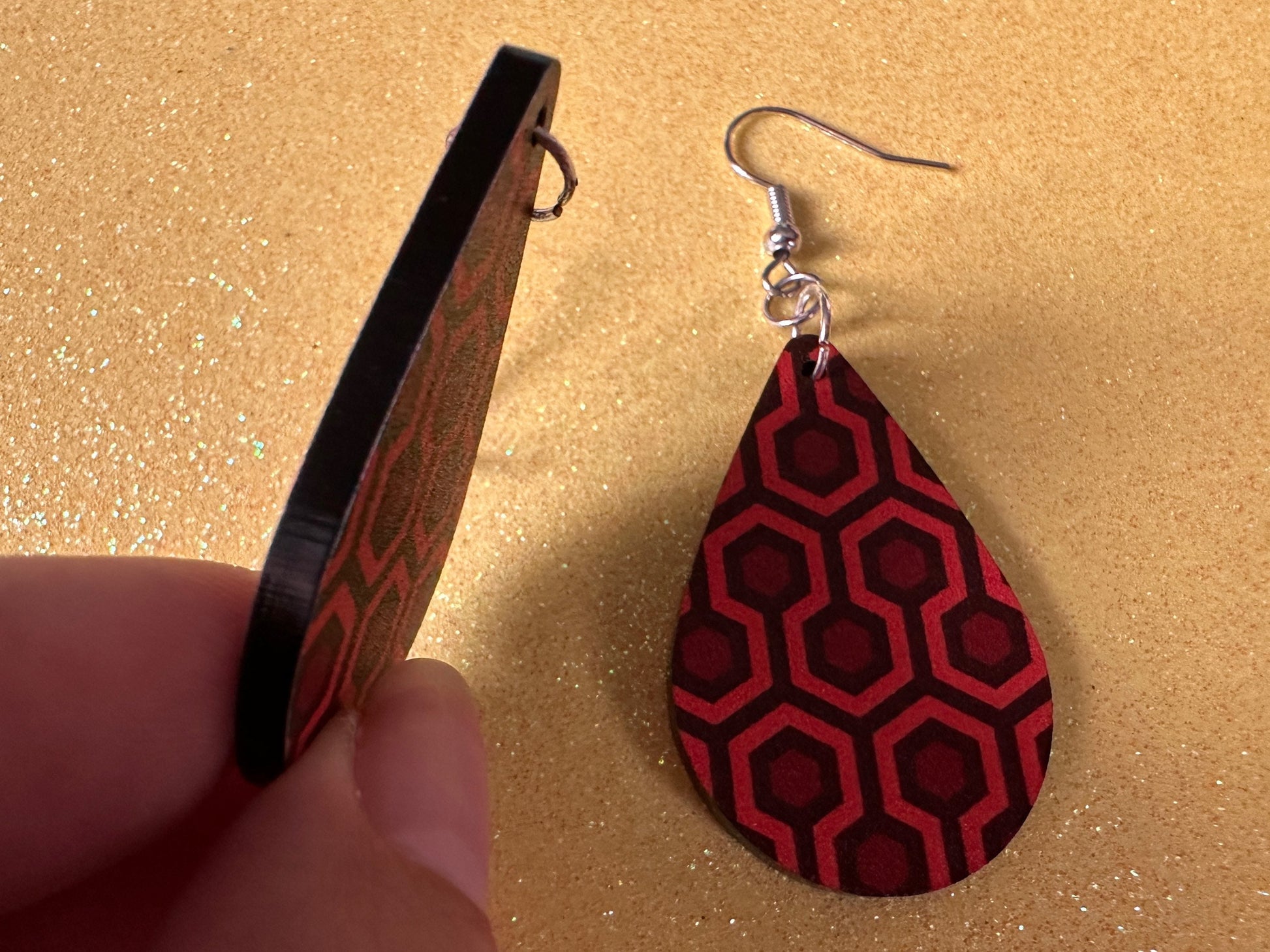 Hotel Carpet Earrings: Geometric, Unique, Red, Orange, Retro, Creepy Motel, Halloween, Hexagon, Symmetrical, Best Gifts for Her/Him/Them
