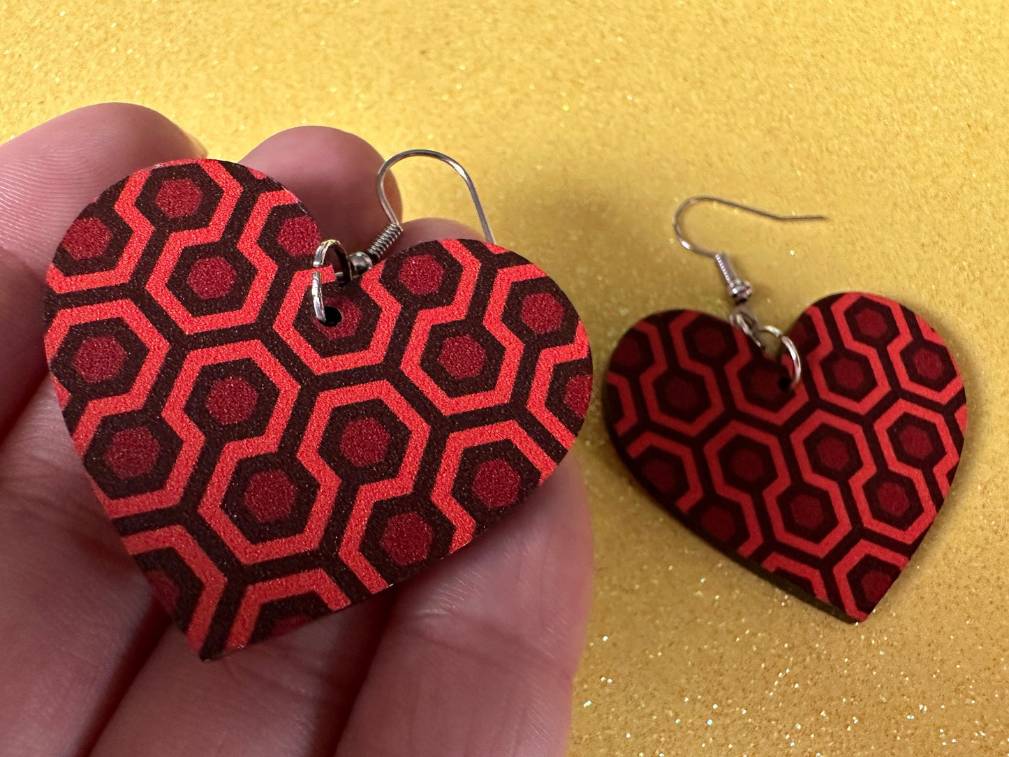 Hotel Carpet Earrings: Geometric, Unique, Red, Orange, Retro, Creepy Motel, Halloween, Hexagon, Symmetrical, Best Gifts for Her/Him/Them