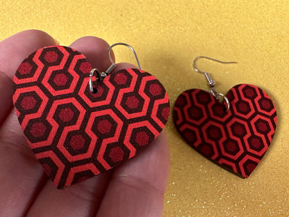 Hotel Carpet Earrings: Geometric, Unique, Red, Orange, Retro, Creepy Motel, Halloween, Hexagon, Symmetrical, Best Gifts for Her/Him/Them