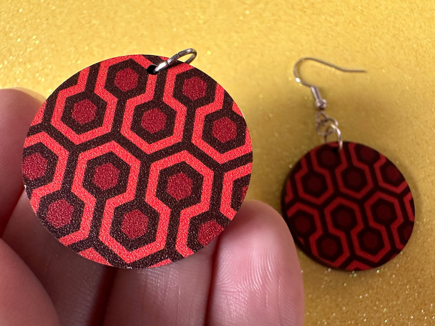 Hotel Carpet Earrings: Geometric, Unique, Red, Orange, Retro, Creepy Motel, Halloween, Hexagon, Symmetrical, Best Gifts for Her/Him/Them