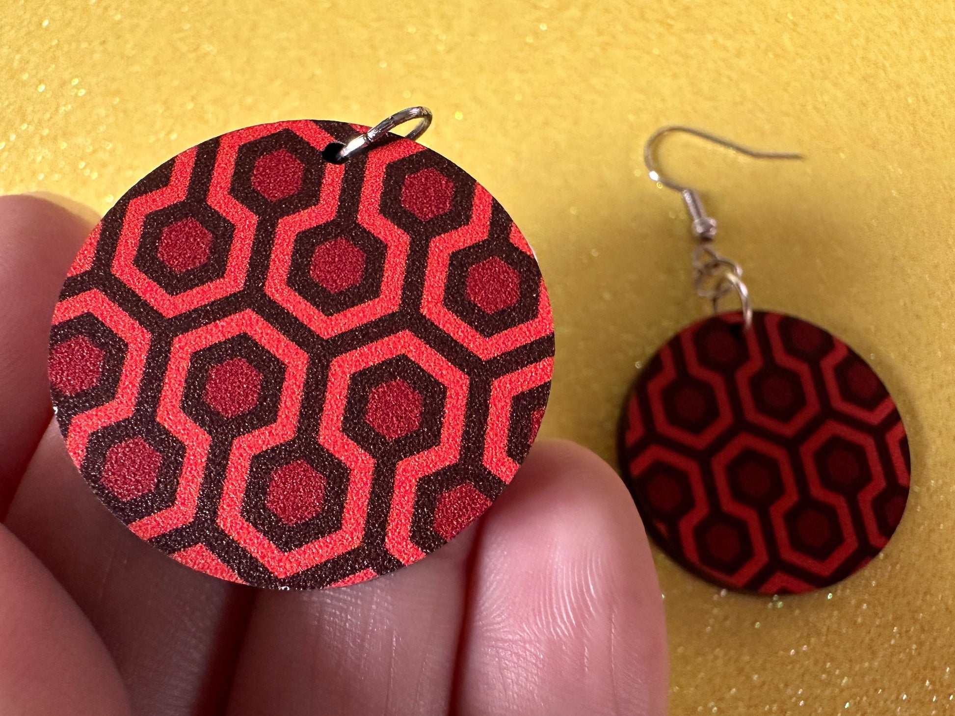 Hotel Carpet Earrings: Geometric, Unique, Red, Orange, Retro, Creepy Motel, Halloween, Hexagon, Symmetrical, Best Gifts for Her/Him/Them