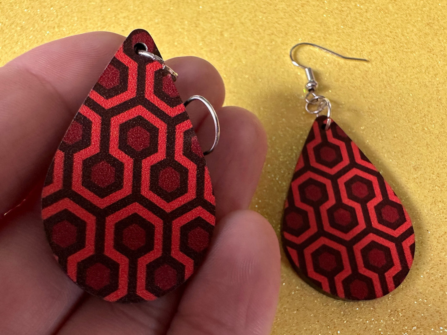 Hotel Carpet Earrings: Geometric, Unique, Red, Orange, Retro, Creepy Motel, Halloween, Hexagon, Symmetrical, Best Gifts for Her/Him/Them
