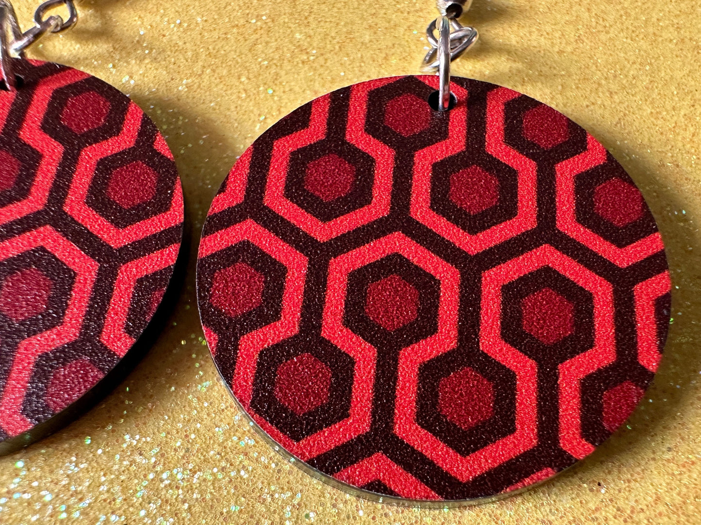 Hotel Carpet Earrings: Geometric, Unique, Red, Orange, Retro, Creepy Motel, Halloween, Hexagon, Symmetrical, Best Gifts for Her/Him/Them