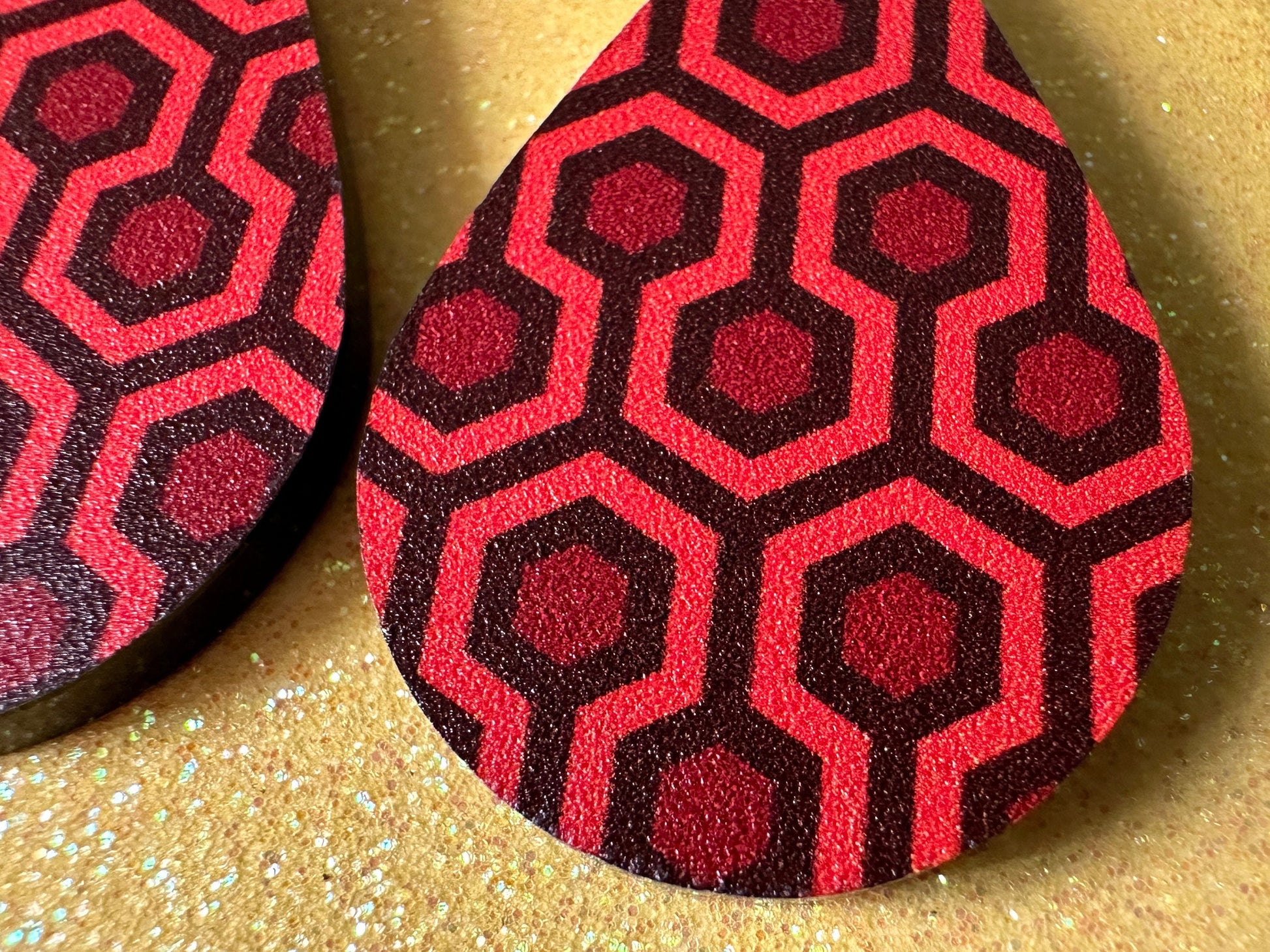 Hotel Carpet Earrings: Geometric, Unique, Red, Orange, Retro, Creepy Motel, Halloween, Hexagon, Symmetrical, Best Gifts for Her/Him/Them