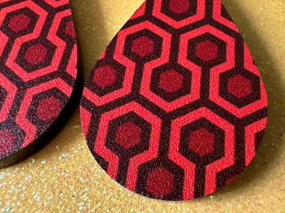 Hotel Carpet Earrings: Geometric, Unique, Red, Orange, Retro, Creepy Motel, Halloween, Hexagon, Symmetrical, Best Gifts for Her/Him/Them