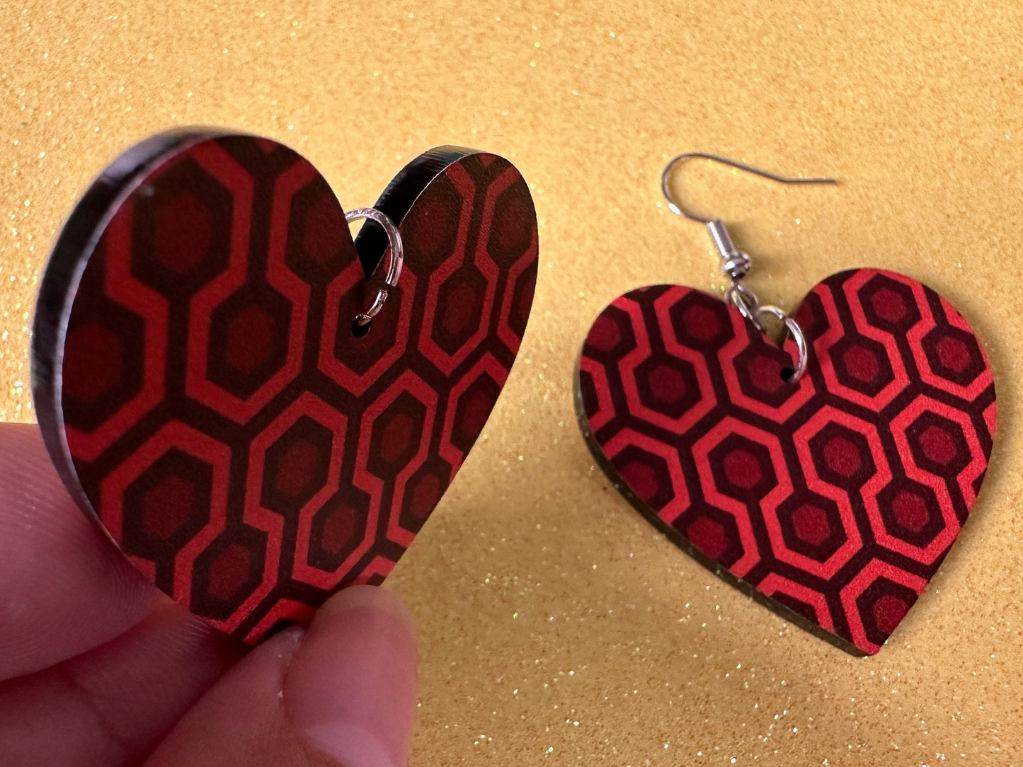 Hotel Carpet Earrings: Geometric, Unique, Red, Orange, Retro, Creepy Motel, Halloween, Hexagon, Symmetrical, Best Gifts for Her/Him/Them