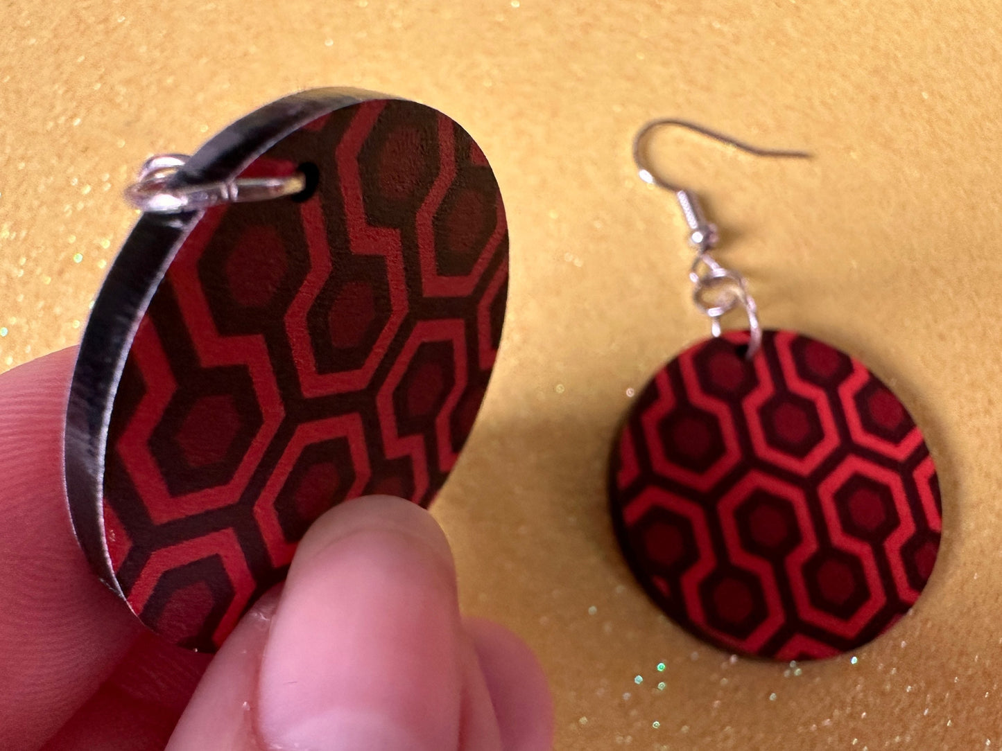 Hotel Carpet Earrings: Geometric, Unique, Red, Orange, Retro, Creepy Motel, Halloween, Hexagon, Symmetrical, Best Gifts for Her/Him/Them