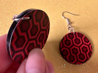 Hotel Carpet Earrings: Geometric, Unique, Red, Orange, Retro, Creepy Motel, Halloween, Hexagon, Symmetrical, Best Gifts for Her/Him/Them