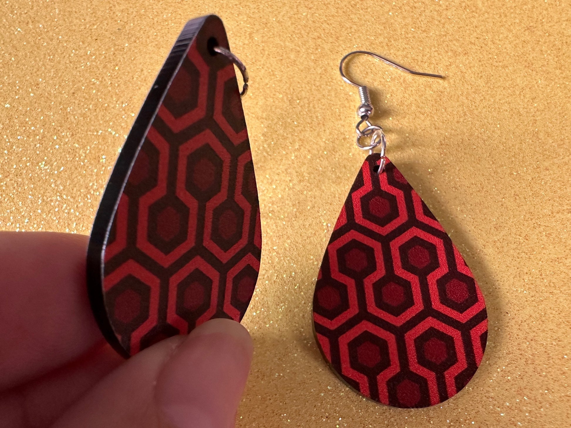 Hotel Carpet Earrings: Geometric, Unique, Red, Orange, Retro, Creepy Motel, Halloween, Hexagon, Symmetrical, Best Gifts for Her/Him/Them