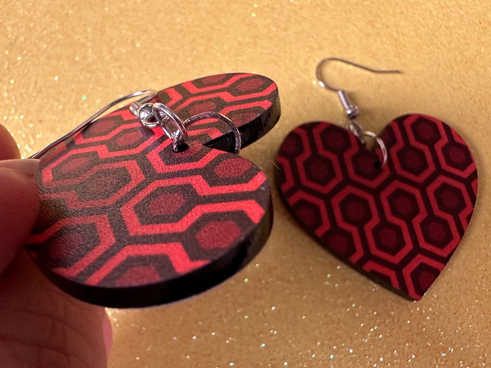 Hotel Carpet Earrings: Geometric, Unique, Red, Orange, Retro, Creepy Motel, Halloween, Hexagon, Symmetrical, Best Gifts for Her/Him/Them