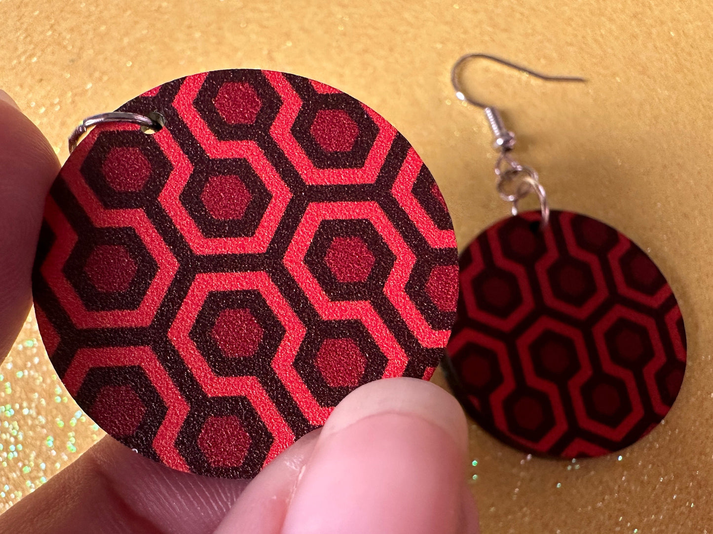 Hotel Carpet Earrings: Geometric, Unique, Red, Orange, Retro, Creepy Motel, Halloween, Hexagon, Symmetrical, Best Gifts for Her/Him/Them