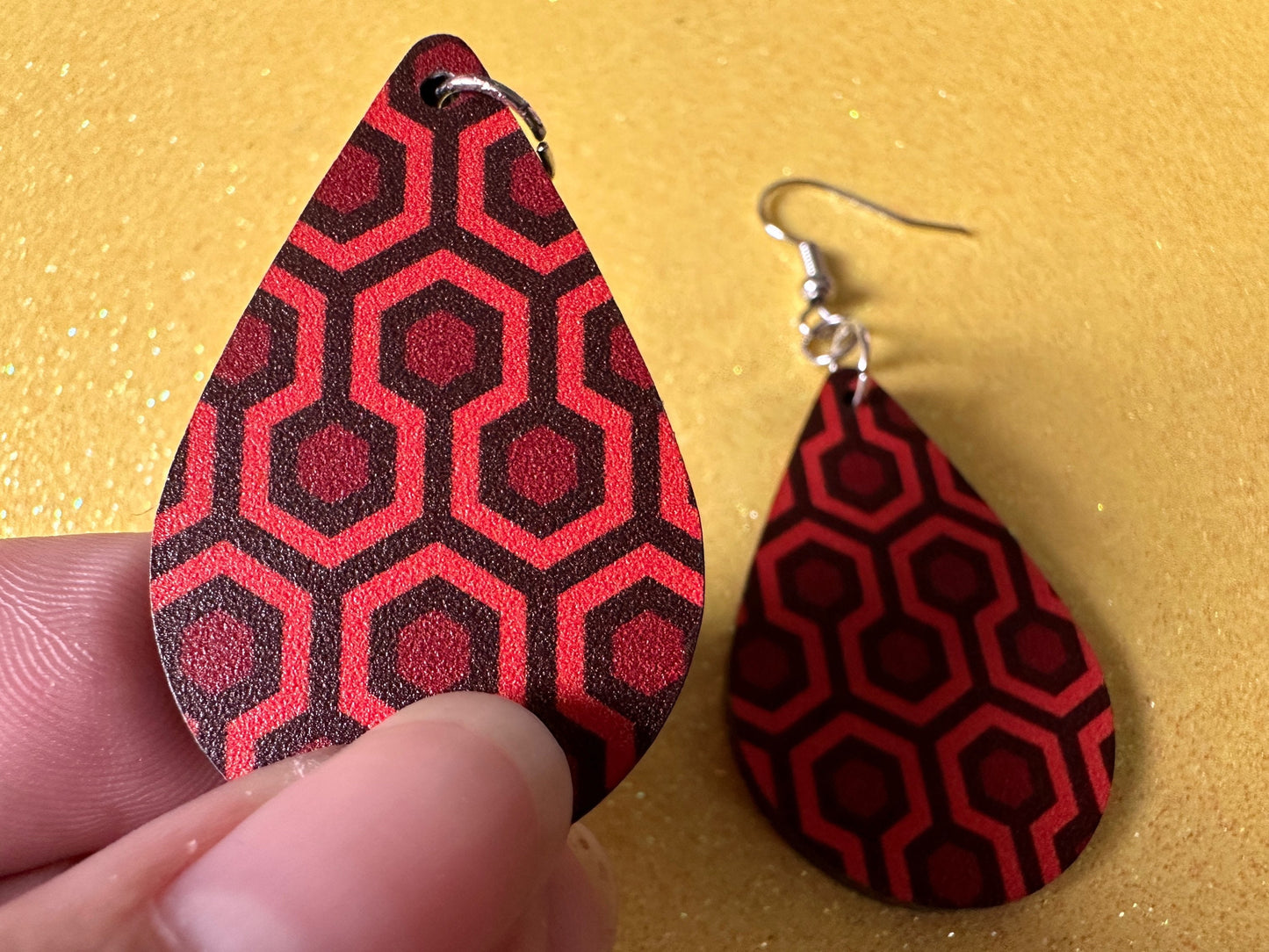 Hotel Carpet Earrings: Geometric, Unique, Red, Orange, Retro, Creepy Motel, Halloween, Hexagon, Symmetrical, Best Gifts for Her/Him/Them