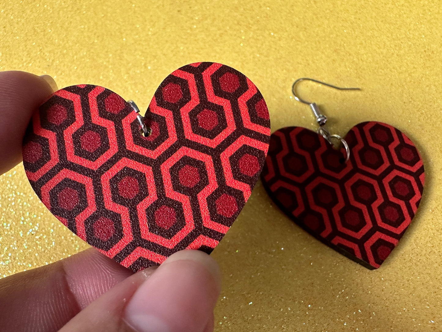 Hotel Carpet Earrings: Geometric, Unique, Red, Orange, Retro, Creepy Motel, Halloween, Hexagon, Symmetrical, Best Gifts for Her/Him/Them
