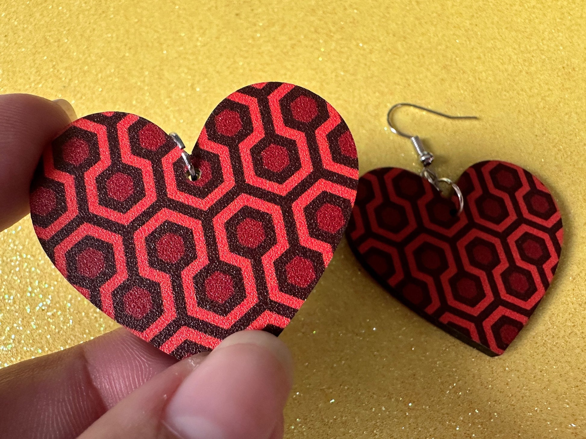 Hotel Carpet Earrings: Geometric, Unique, Red, Orange, Retro, Creepy Motel, Halloween, Hexagon, Symmetrical, Best Gifts for Her/Him/Them