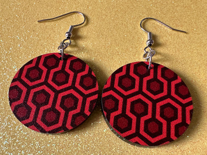 Hotel Carpet Earrings: Geometric, Unique, Red, Orange, Retro, Creepy Motel, Halloween, Hexagon, Symmetrical, Best Gifts for Her/Him/Them