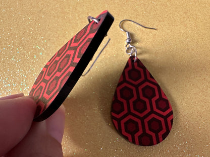 Hotel Carpet Earrings: Geometric, Unique, Red, Orange, Retro, Creepy Motel, Halloween, Hexagon, Symmetrical, Best Gifts for Her/Him/Them