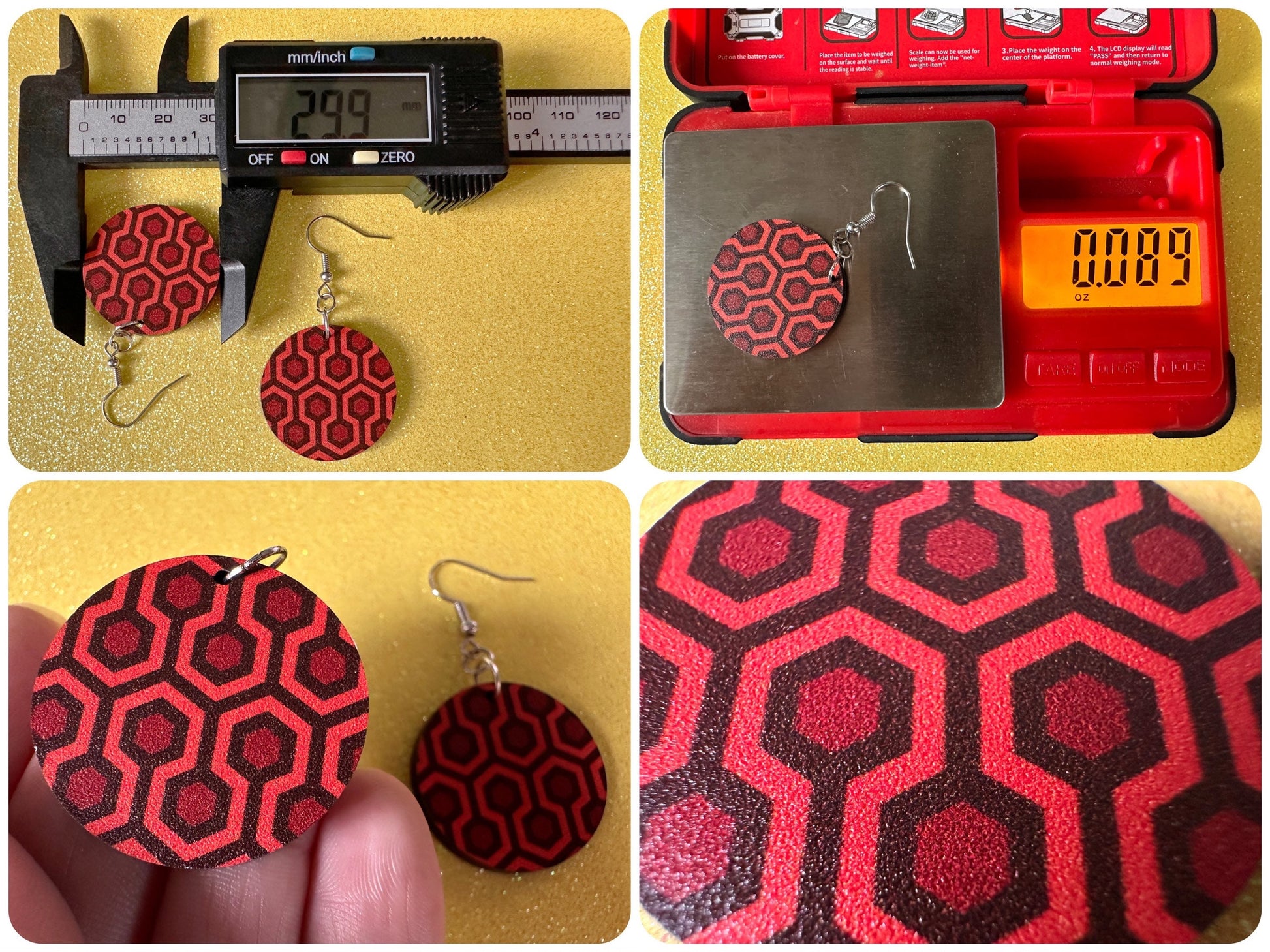 Hotel Carpet Earrings: Geometric, Unique, Red, Orange, Retro, Creepy Motel, Halloween, Hexagon, Symmetrical, Best Gifts for Her/Him/Them