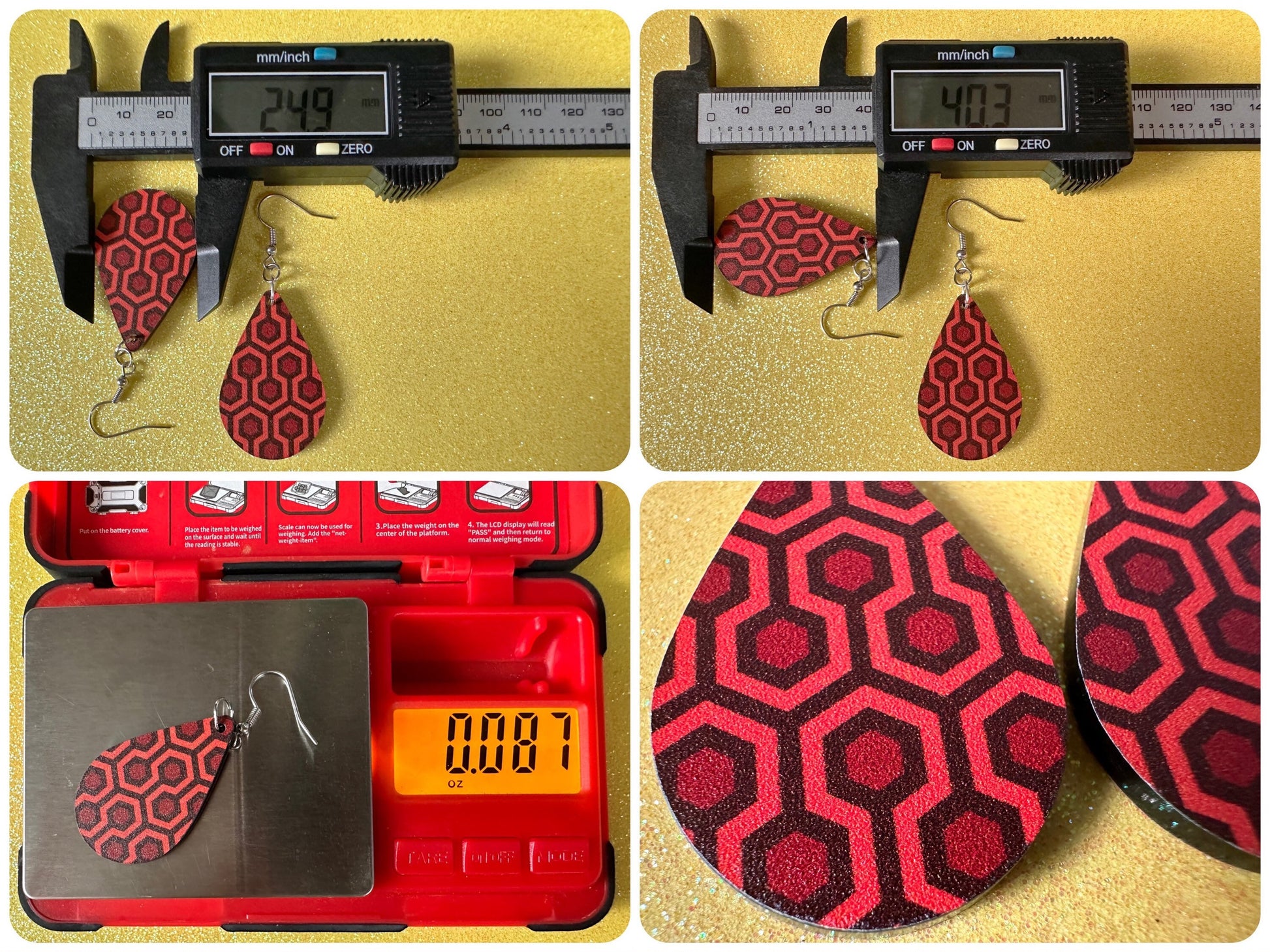 Hotel Carpet Earrings: Geometric, Unique, Red, Orange, Retro, Creepy Motel, Halloween, Hexagon, Symmetrical, Best Gifts for Her/Him/Them
