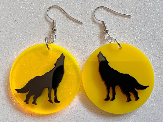 Howling Wolf in Front of Full Moon Earrings: Laser Cut Acrylic Halloween Earrings, Werewolf, Horror, Scary, Best Gifts for Her/Him/Them