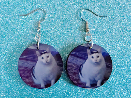 Huh Cat Meme Earrings: Wooden Sublimated Meme Earrings, Cat Saying Huh Meme, Cat Memes, Novelty, Pop Culture, Best Gifts for Her/Him/Them