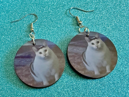 Huh Cat Meme Earrings: Wooden Sublimated Meme Earrings, Cat Saying Huh Meme, Cat Memes, Novelty, Pop Culture, Best Gifts for Her/Him/Them