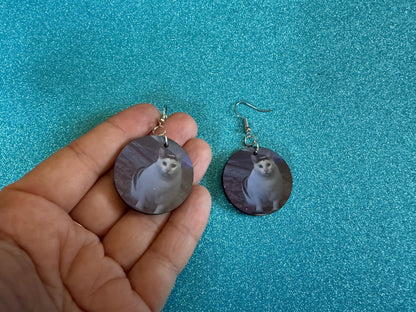 Huh Cat Meme Earrings: Wooden Sublimated Meme Earrings, Cat Saying Huh Meme, Cat Memes, Novelty, Pop Culture, Best Gifts for Her/Him/Them