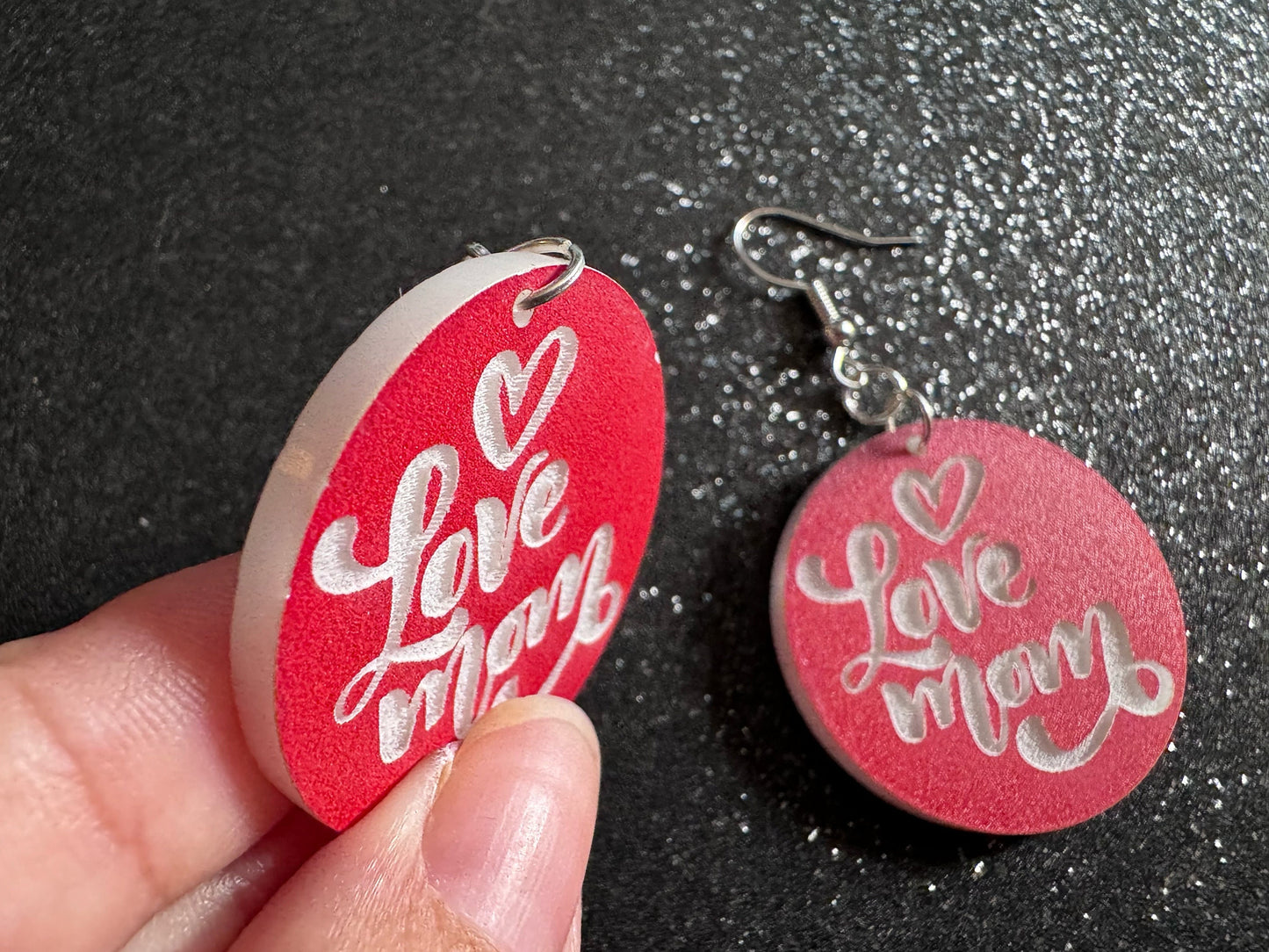 I Love Mom Earrings: Laser Cut Acrylic Earrings, Mother’s Day, Mommy, Mom, Mother, Mom Gift, Mama, Family, Best Gifts for Her/Him/Them
