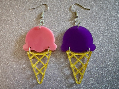 Ice Cream Earrings: Laser Cut Acrylic Ice Cream Cones, Scoop, Miniature Food, Novelty, Foodie, Taro, Hawaiian, Best Gifts for Her/Him/Them